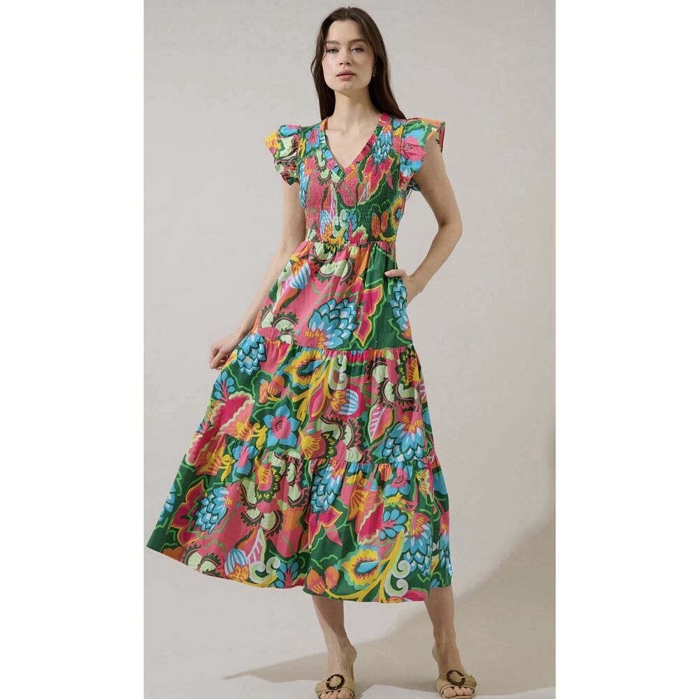 Sugarlips Lanai Tropics Sunfire Smocked Tiered dress XL